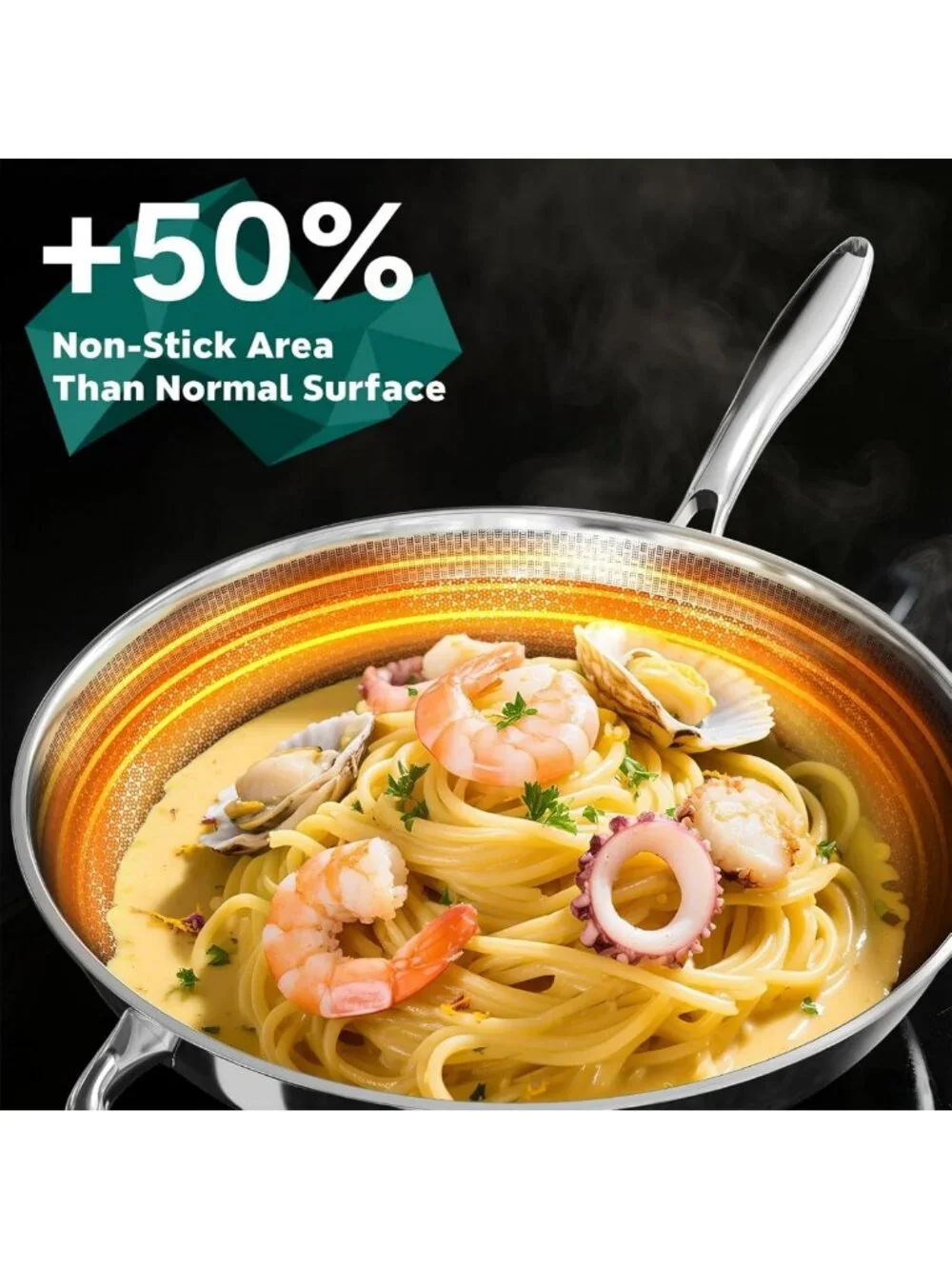 13-Inch Nonstick Stainless Steel Wok Pan with Lid for All Stoves, PFOA Free